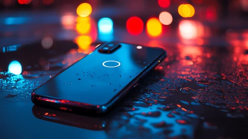 Wet smartphone glows on reflective surface under neon bokeh