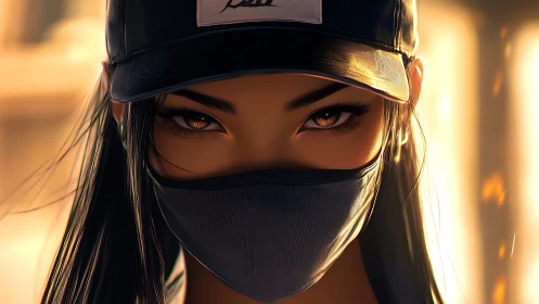 Masked woman in cap rendered with cinematic digital realism
