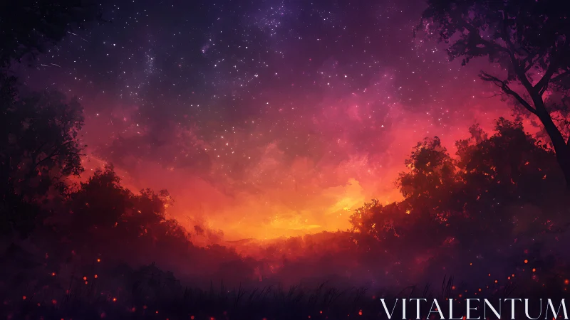 Blazing twilight forest sky melts into a star-filled night