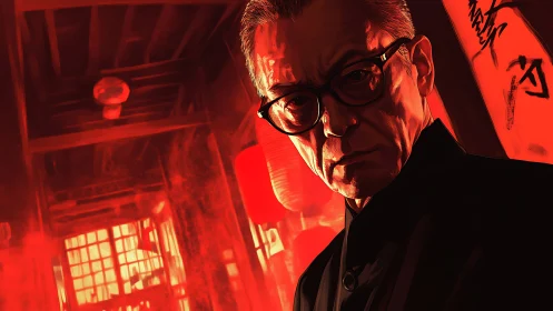 Red lantern gaze of a stern mastermind in burning corridors.