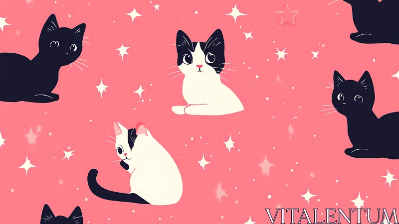Whimsical Feline Collection Against Vibrant Pink Starfield Backdrop.