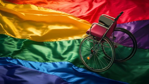 Wheelchair silhouetted on rippling satin rainbow pride flag.