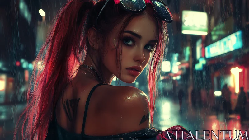 Neon lit rain soaked street portrait with cinematic depth of field