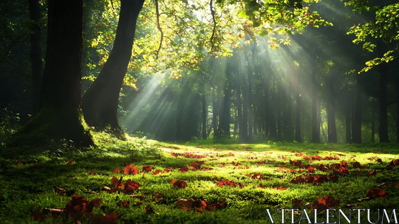 Sunlight streaming through forest canopy in serene natural style.