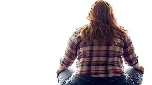 Woman in Plaid Shirt Sitting, Back View, Bright Minimalist Style.