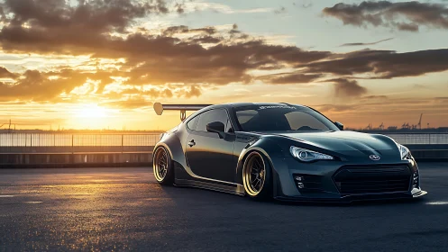 Sleek custom sports car relaxing under a golden sunset sky.