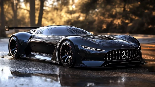 Midnight concept racer prowls through sunlit forest reflections