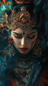 Mythic goddess portrait renders ornate jeweled regalia in detail