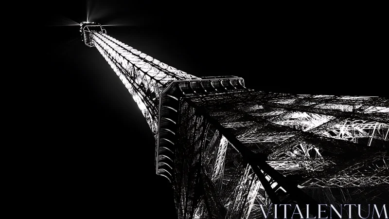 Monochrome upward view isolates illuminated lattice tower structure