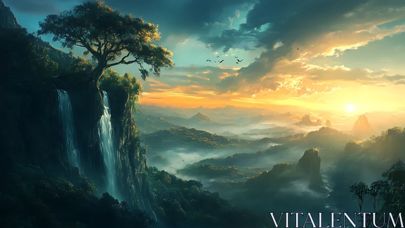 Sunrise washes misty fantasy valley with cascading cliffs.