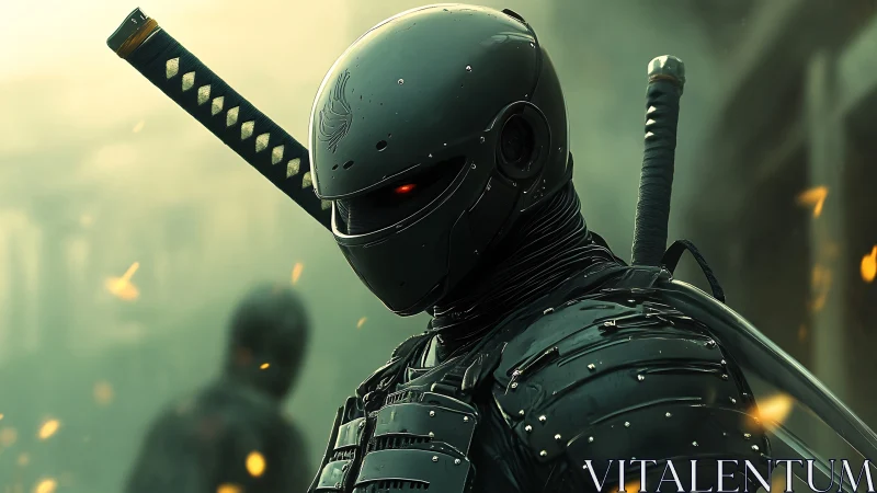 Cybernetic ninja warrior in ash-green atmospheric flames.