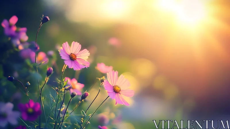 Pink cosmos flowers bloom in golden afternoon light.