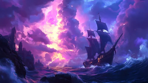 Tall ship on stormy sea under vivid purple sunset sky.
