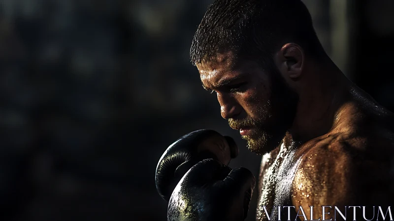 Boxer in Focused Stance Amid Sweat and Determination.