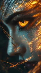 Ember-eyed gaze in a storm of electric light and shadow.