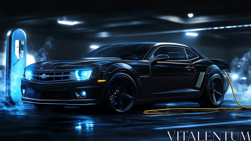 Black electric muscle car charging in neon lit parking lot.