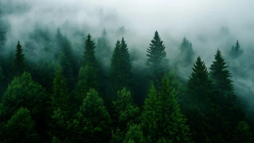 Coniferous forest under atmospheric fog condition
