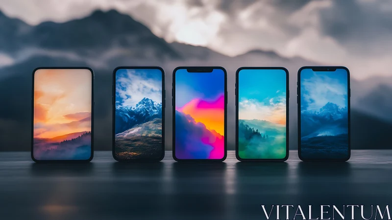 Gradient smartphones display vivid alpine landscapes in series.