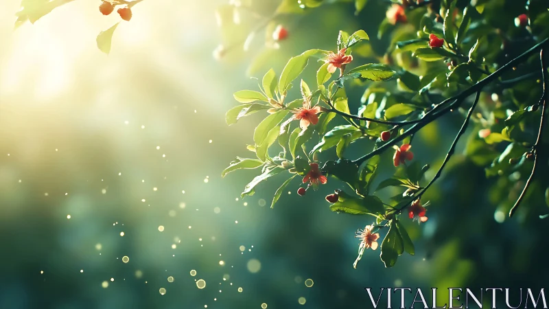 Sunlit cherry blossoms glow through soft green bokeh haze.