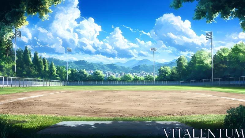 Baseball field is depicted with distant town and mountains