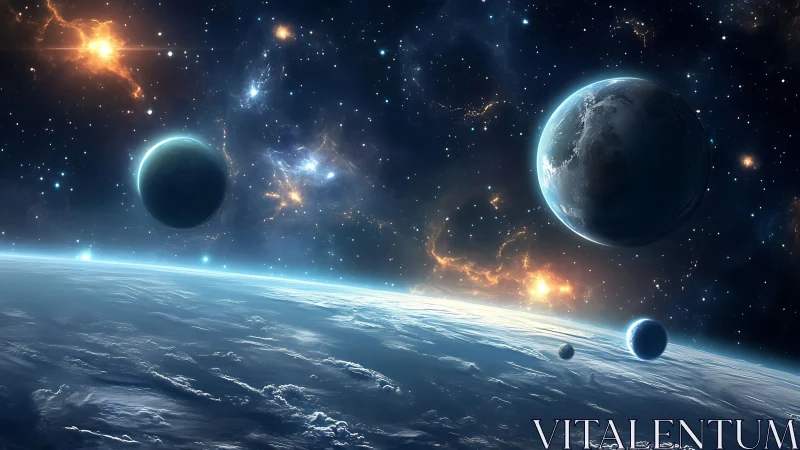 Vast planets drift above a glowing blue horizon in space