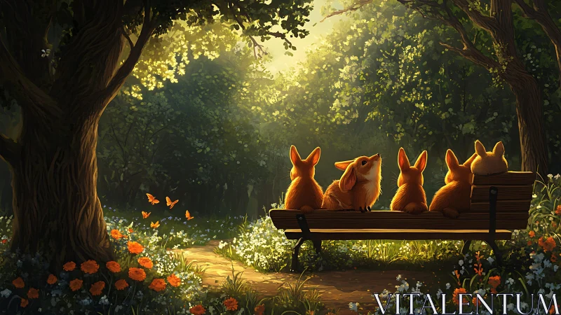 Golden backlit foxes on forest bench under dappled canopy
