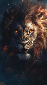 Digital painting of fiery lion portrait with infernal lighting.