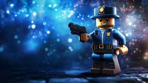 Toy police officer minifigure under cinematic blue bokeh glow.