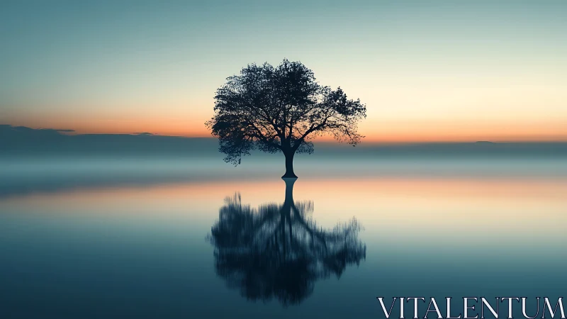 Solitary lakeside tree mirrored in tranquil dawn waters.