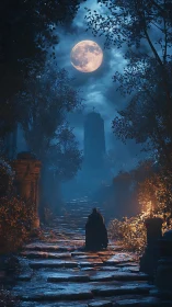 Moonlit stone path toward a lonely tower and quiet mystery.