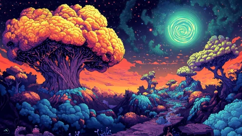 Neon alien forest under swirling turquoise portal sky.