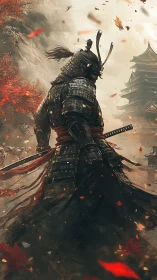 Armored samurai strides through autumn storm in cinematic backlight