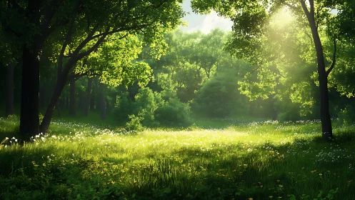 Sunlit Forest Clearing Surrounded by Majestic Trees