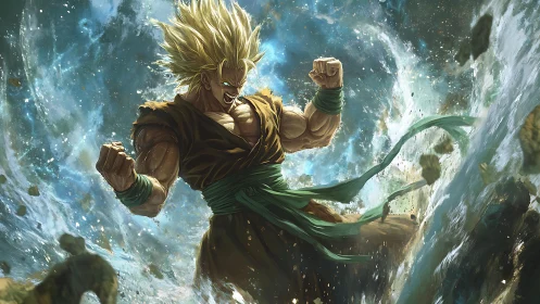 Golden warrior unleashes cosmic power amid swirling storm.