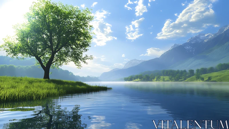 Lone green tree by calm mountain lake under bright sky.