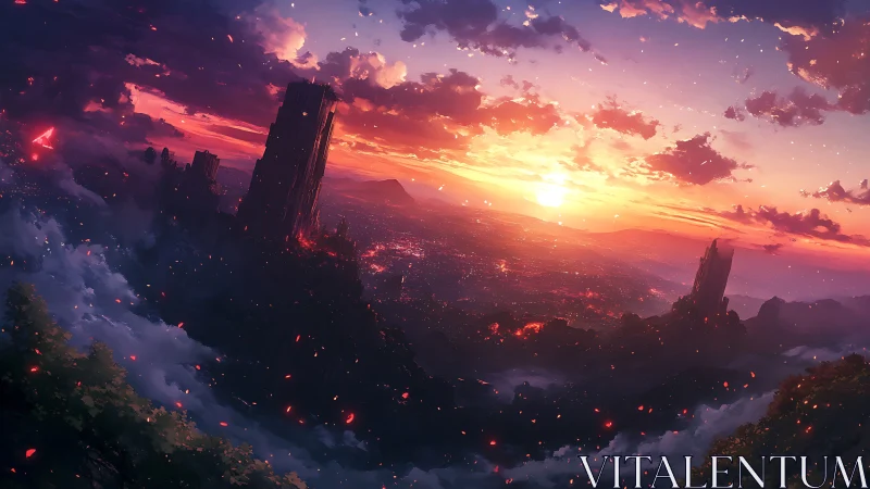 Volcanic fantasy skyline glows under incendiary sunset light