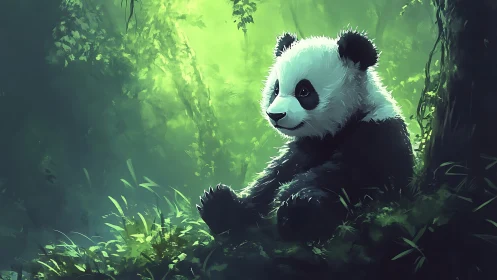 Gentle panda resting in luminous emerald forest clearing.