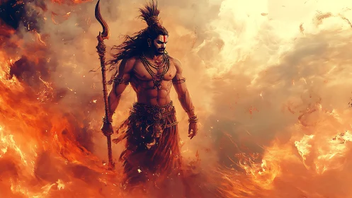 Digital painting of mythic warrior amid sweeping firestorm forms.