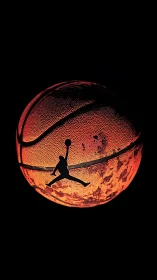 Orbiting jumpman silhouette crowns a molten basketball moon
