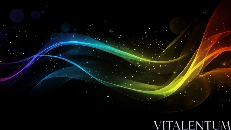 Multicolor light wave trails on black digital background.