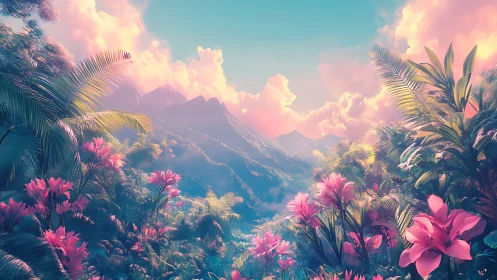 Hyper-saturated tropical valley with volumetric light and stylized flora