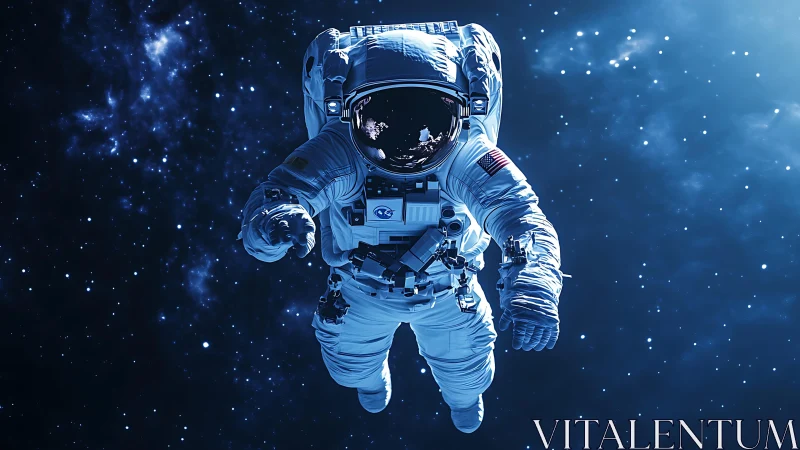 Curious astronaut drifts gently through a dreamy starry sky.