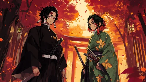 Autumn shrine duelists under a storm of ember-bright leaves.