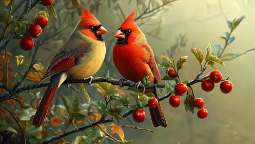 Pair of cardinals on berry branch in bright, realistic style.