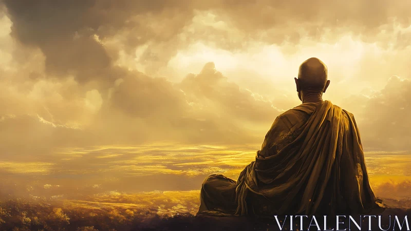 Solitary monk gazes into radiant golden horizon at dawn.
