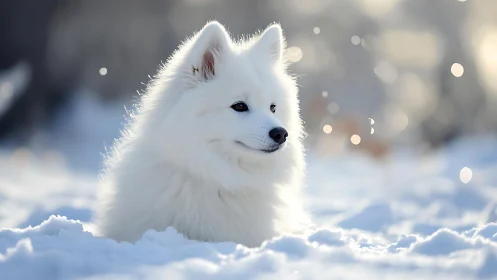 White spitz resting in soft snow under dreamy bokeh light.