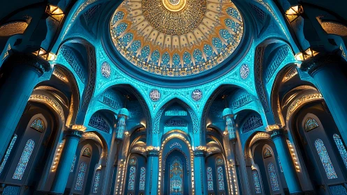 Radiant turquoise mosque interior glows with sacred light