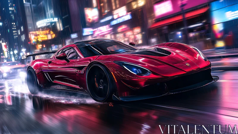 Red supercar racing through neon city streets at night.
