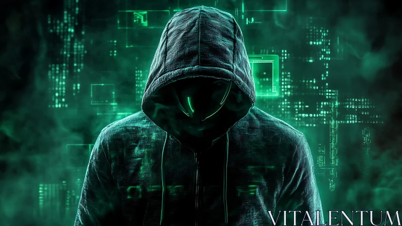 Cybernetic hooded figure in neon matrix data haze environment