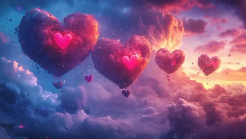 Heart-shaped clouds float through cosmic sunset sky.